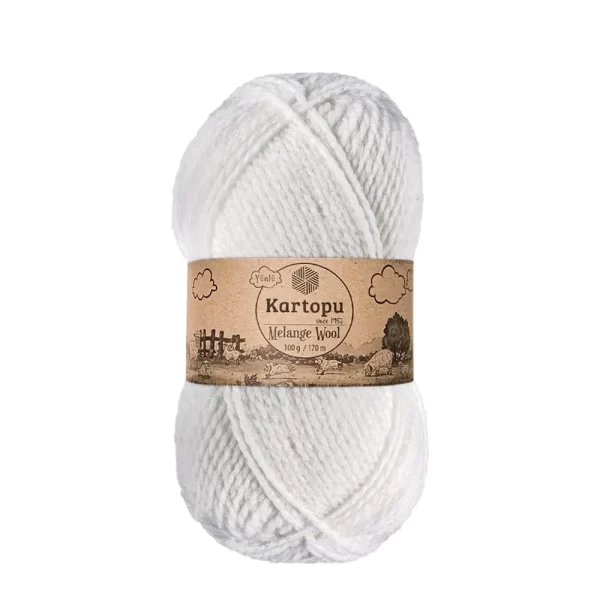 Kartopu Melange Wool el örgü ipliği, %80 akrilik ve %20 yün karışımından üretilmiş, 100 gramlık ve 170 metre uzunluğunda yumuşak dokulu iplik. Kazak, yelek, hırka, atkı, bere gibi örgü projelerinde kullanılabilecek ideal bir ip.