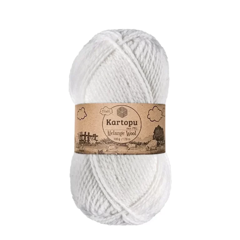 Kartopu Melange Wool el örgü ipliği, %80 akrilik ve %20 yün karışımından üretilmiş, 100 gramlık ve 170 metre uzunluğunda yumuşak dokulu iplik. Kazak, yelek, hırka, atkı, bere gibi örgü projelerinde kullanılabilecek ideal bir ip.