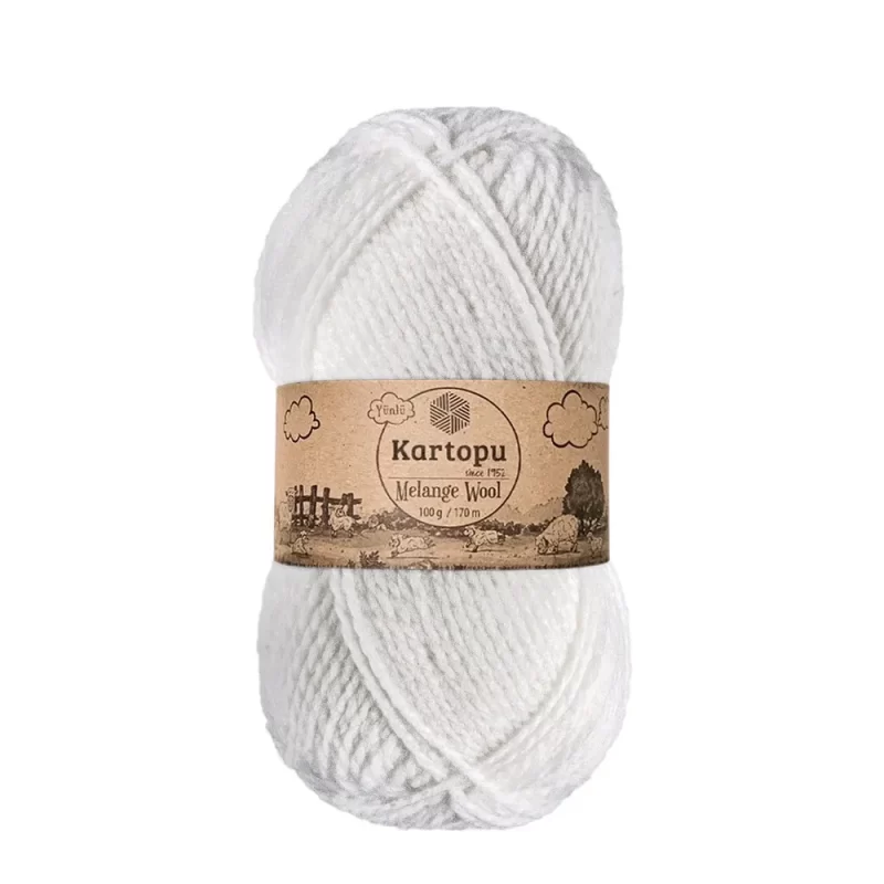 Kartopu Melange Wool el örgü ipliği, %80 akrilik ve %20 yün karışımından üretilmiş, 100 gramlık ve 170 metre uzunluğunda yumuşak dokulu iplik. Kazak, yelek, hırka, atkı, bere gibi örgü projelerinde kullanılabilecek ideal bir ip.