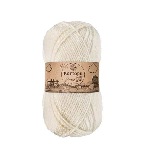 Kartopu Melange Wool el örgü ipliği, %80 akrilik ve %20 yün karışımından üretilmiş, 100 gramlık ve 170 metre uzunluğunda yumuşak dokulu iplik. Kazak, yelek, hırka, atkı, bere gibi örgü projelerinde kullanılabilecek ideal bir ip.