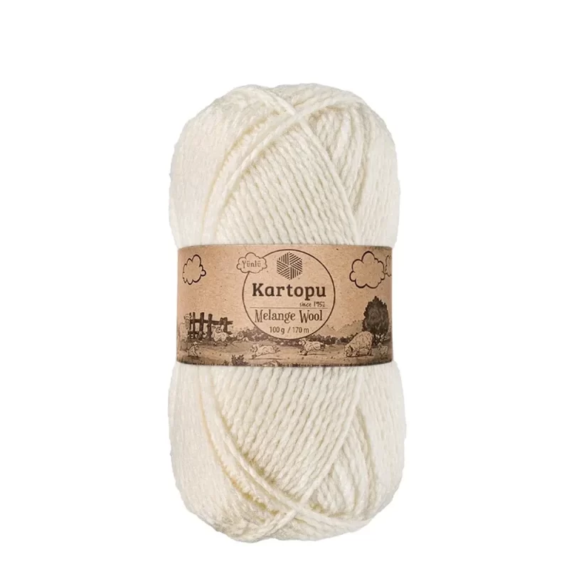 Kartopu Melange Wool el örgü ipliği, %80 akrilik ve %20 yün karışımından üretilmiş, 100 gramlık ve 170 metre uzunluğunda yumuşak dokulu iplik. Kazak, yelek, hırka, atkı, bere gibi örgü projelerinde kullanılabilecek ideal bir ip.