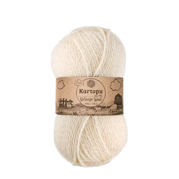 Kartopu Melange Wool el örgü ipliği, %80 akrilik ve %20 yün karışımından üretilmiş, 100 gramlık ve 170 metre uzunluğunda yumuşak dokulu iplik. Kazak, yelek, hırka, atkı, bere gibi örgü projelerinde kullanılabilecek ideal bir ip.