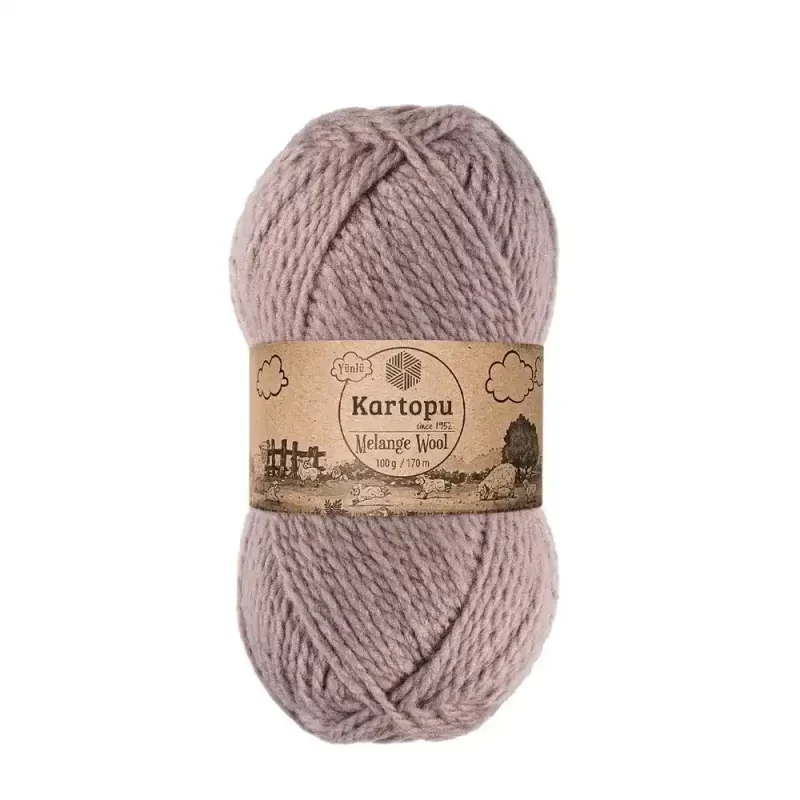 Kartopu Melange Wool el örgü ipliği, %80 akrilik ve %20 yün karışımından üretilmiş, 100 gramlık ve 170 metre uzunluğunda yumuşak dokulu iplik. Kazak, yelek, hırka, atkı, bere gibi örgü projelerinde kullanılabilecek ideal bir ip.