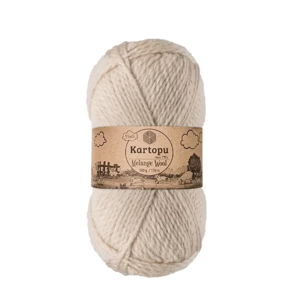 Kartopu Melange Wool el örgü ipliği, %80 akrilik ve %20 yün karışımından üretilmiş, 100 gramlık ve 170 metre uzunluğunda yumuşak dokulu iplik. Kazak, yelek, hırka, atkı, bere gibi örgü projelerinde kullanılabilecek ideal bir ip.