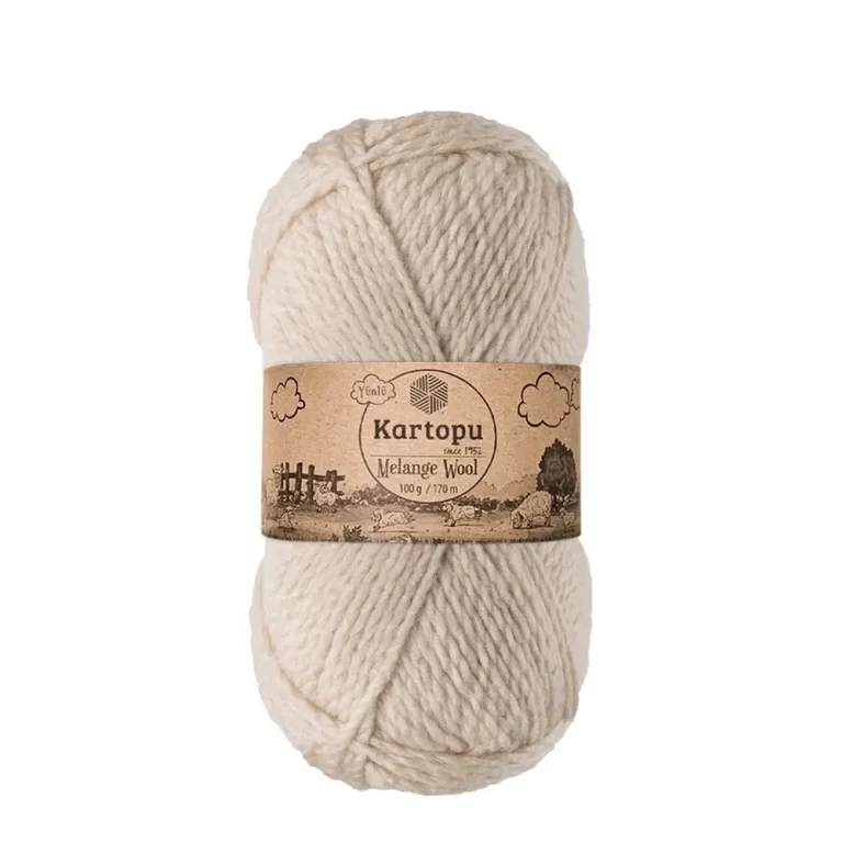 Kartopu Melange Wool el örgü ipliği, %80 akrilik ve %20 yün karışımından üretilmiş, 100 gramlık ve 170 metre uzunluğunda yumuşak dokulu iplik. Kazak, yelek, hırka, atkı, bere gibi örgü projelerinde kullanılabilecek ideal bir ip.