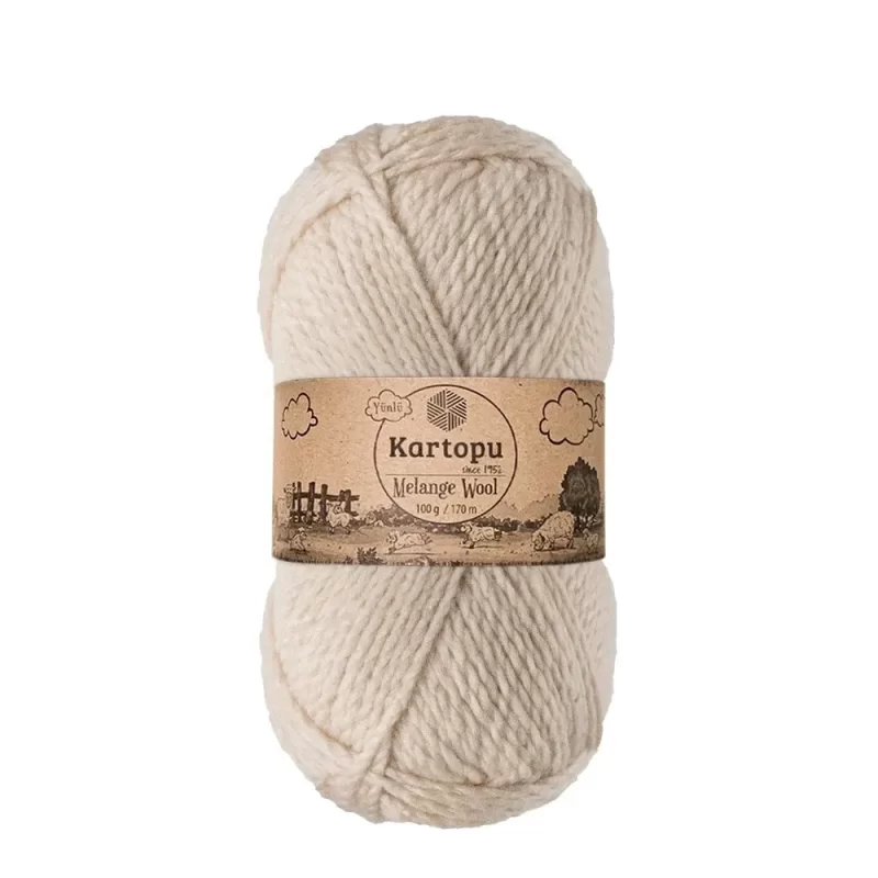 Kartopu Melange Wool el örgü ipliği, %80 akrilik ve %20 yün karışımından üretilmiş, 100 gramlık ve 170 metre uzunluğunda yumuşak dokulu iplik. Kazak, yelek, hırka, atkı, bere gibi örgü projelerinde kullanılabilecek ideal bir ip.