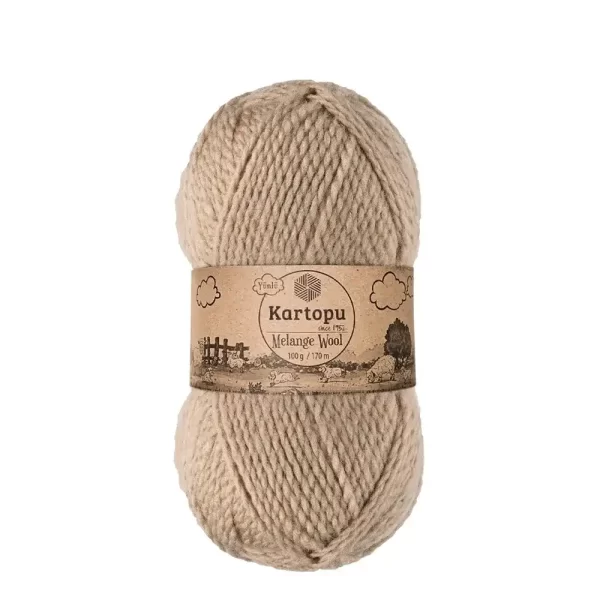 Kartopu Melange Wool el örgü ipliği, %80 akrilik ve %20 yün karışımından üretilmiş, 100 gramlık ve 170 metre uzunluğunda yumuşak dokulu iplik. Kazak, yelek, hırka, atkı, bere gibi örgü projelerinde kullanılabilecek ideal bir ip.