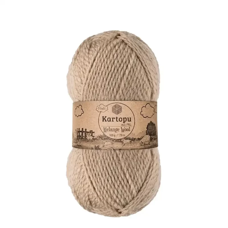 Kartopu Melange Wool el örgü ipliği, %80 akrilik ve %20 yün karışımından üretilmiş, 100 gramlık ve 170 metre uzunluğunda yumuşak dokulu iplik. Kazak, yelek, hırka, atkı, bere gibi örgü projelerinde kullanılabilecek ideal bir ip.