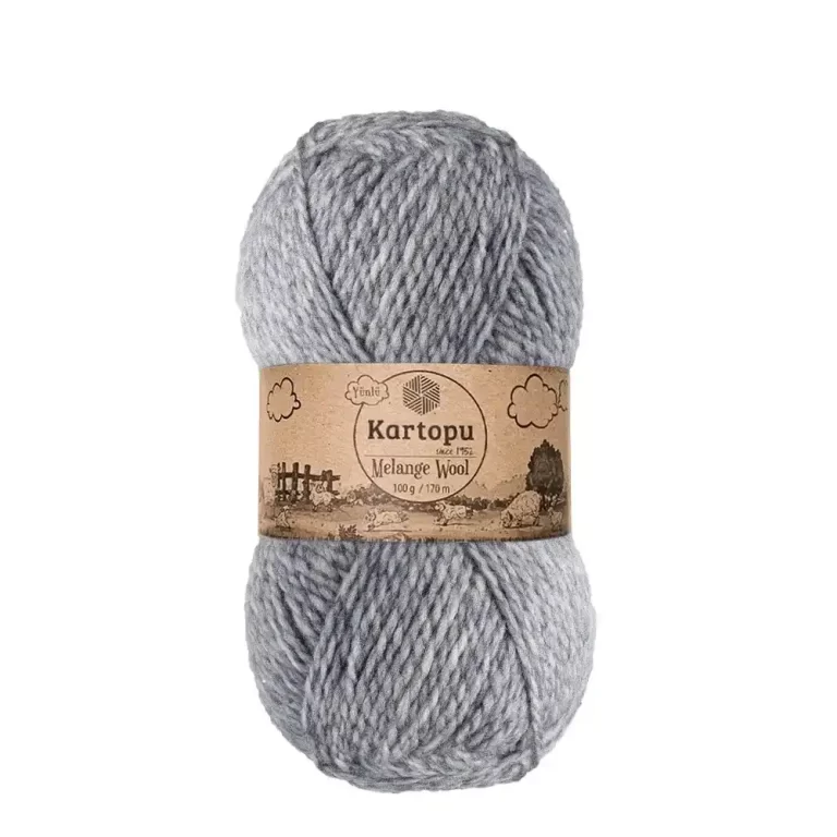 Kartopu Melange Wool el örgü ipliği, %80 akrilik ve %20 yün karışımından üretilmiş, 100 gramlık ve 170 metre uzunluğunda yumuşak dokulu iplik. Kazak, yelek, hırka, atkı, bere gibi örgü projelerinde kullanılabilecek ideal bir ip.