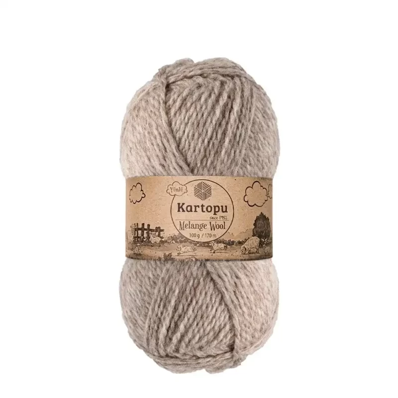 Kartopu Melange Wool el örgü ipliği, %80 akrilik ve %20 yün karışımından üretilmiş, 100 gramlık ve 170 metre uzunluğunda yumuşak dokulu iplik. Kazak, yelek, hırka, atkı, bere gibi örgü projelerinde kullanılabilecek ideal bir ip.