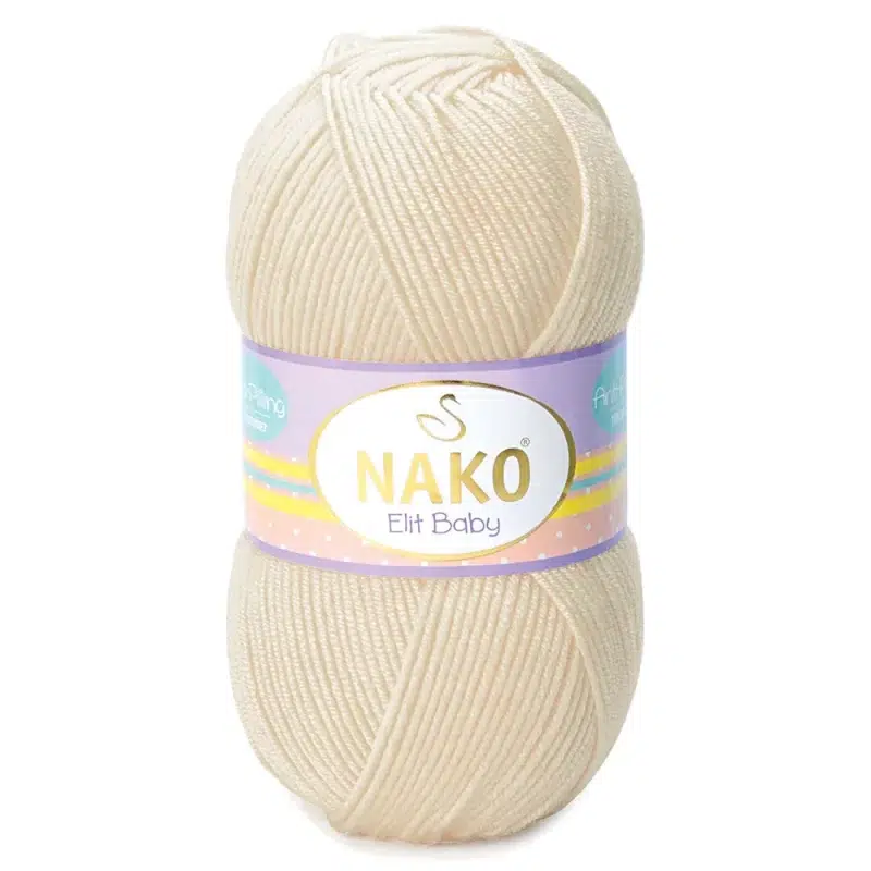 Nako Elit Baby: %100 Premium Anti Pill Akrilik içeriğiyle tüylenme yapmayan, yumuşak ve dayanıklı bir ipliktir. Bebekler ve alerjik ciltler için güvenle tercih edilebilir. 100 gr, 250 m uzunluğunda olup 3.5-4 mm şiş ve 2 mm tığ ile idealdir.