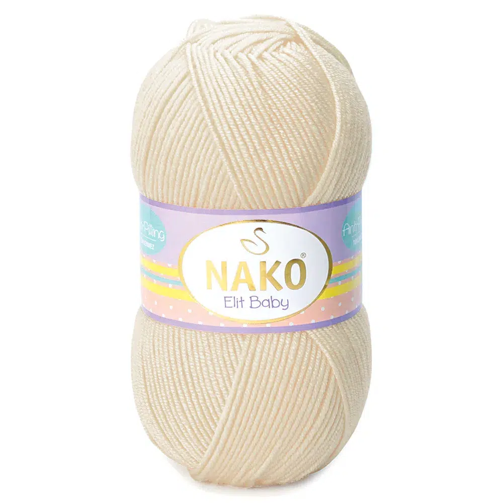 nako-elit-baby-11451 Nako Elit Baby: %100 Premium Anti Pill Akrilik içeriğiyle tüylenme yapmayan, yumuşak ve dayanıklı bir ipliktir. Bebekler ve alerjik ciltler için güvenle tercih edilebilir. 100 gr, 250 m uzunluğunda olup 3.5-4 mm şiş ve 2 mm tığ ile idealdir.