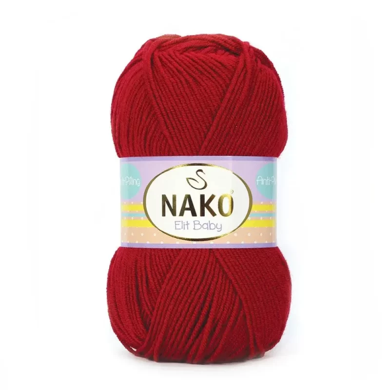 Nako Elit Baby: %100 Premium Anti Pill Akrilik içeriğiyle tüylenme yapmayan, yumuşak ve dayanıklı bir ipliktir. Bebekler ve alerjik ciltler için güvenle tercih edilebilir. 100 gr, 250 m uzunluğunda olup 3.5-4 mm şiş ve 2 mm tığ ile idealdir.