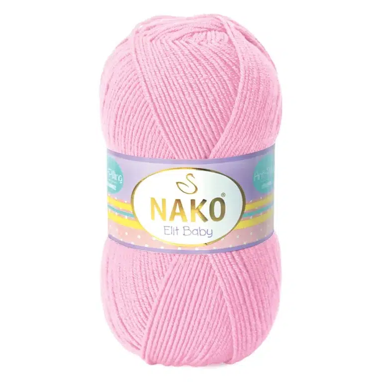 Nako Elit Baby: %100 Premium Anti Pill Akrilik içeriğiyle tüylenme yapmayan, yumuşak ve dayanıklı bir ipliktir. Bebekler ve alerjik ciltler için güvenle tercih edilebilir. 100 gr, 250 m uzunluğunda olup 3.5-4 mm şiş ve 2 mm tığ ile idealdir.