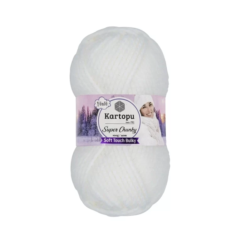 Kartopu Super Chunky el örgü ipliği, %80 akrilik ve %20 yün karışımından üretilmiş, 100 gramlık ve 90 metre uzunluğunda yumuşak dokulu iplik. Kazak, yelek, hırka, atkı, bere gibi örgü projelerinde kullanılabilecek ideal bir ip.