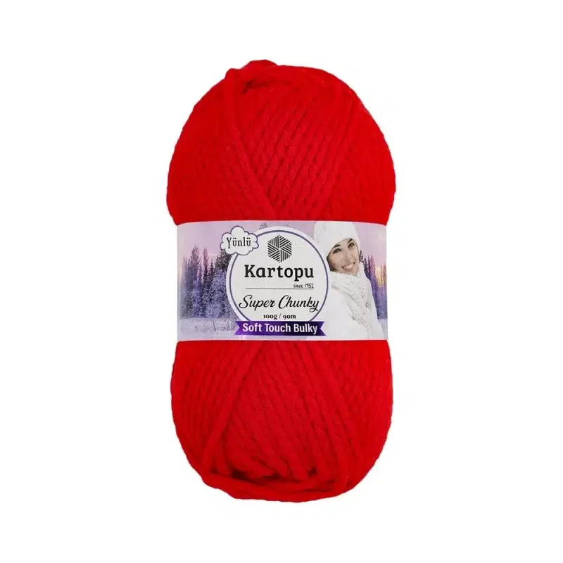 Kartopu Super Chunky el örgü ipliği, %80 akrilik ve %20 yün karışımından üretilmiş, 100 gramlık ve 90 metre uzunluğunda yumuşak dokulu iplik. Kazak, yelek, hırka, atkı, bere gibi örgü projelerinde kullanılabilecek ideal bir ip.Kartopu Super Chunky el örgü ipliği, %80 akrilik ve %20 yün karışımından üretilmiş, 100 gramlık ve 90 metre uzunluğunda yumuşak dokulu iplik. Kazak, yelek, hırka, atkı, bere gibi örgü projelerinde kullanılabilecek ideal bir ip.