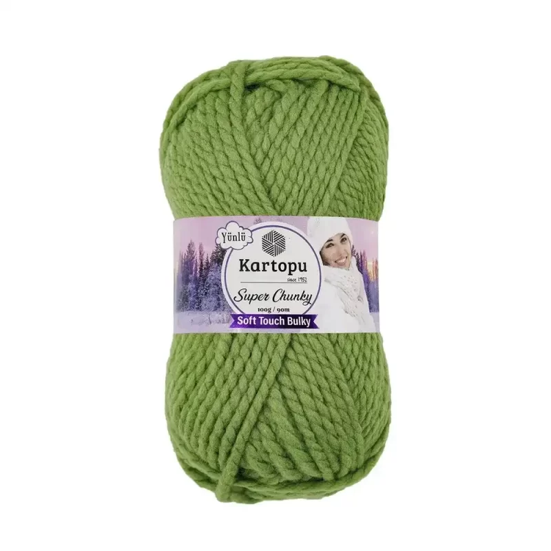 Kartopu Super Chunky el örgü ipliği, %80 akrilik ve %20 yün karışımından üretilmiş, 100 gramlık ve 90 metre uzunluğunda yumuşak dokulu iplik. Kazak, yelek, hırka, atkı, bere gibi örgü projelerinde kullanılabilecek ideal bir ip.