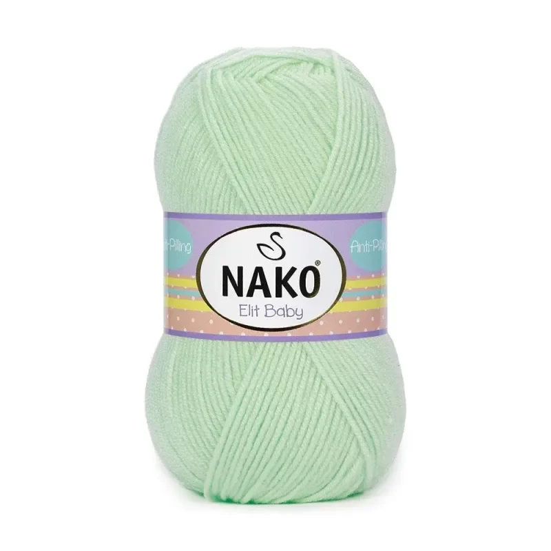 Nako Elit Baby: %100 Premium Anti Pill Akrilik içeriğiyle tüylenme yapmayan, yumuşak ve dayanıklı bir ipliktir. Bebekler ve alerjik ciltler için güvenle tercih edilebilir. 100 gr, 250 m uzunluğunda olup 3.5-4 mm şiş ve 2 mm tığ ile idealdir.