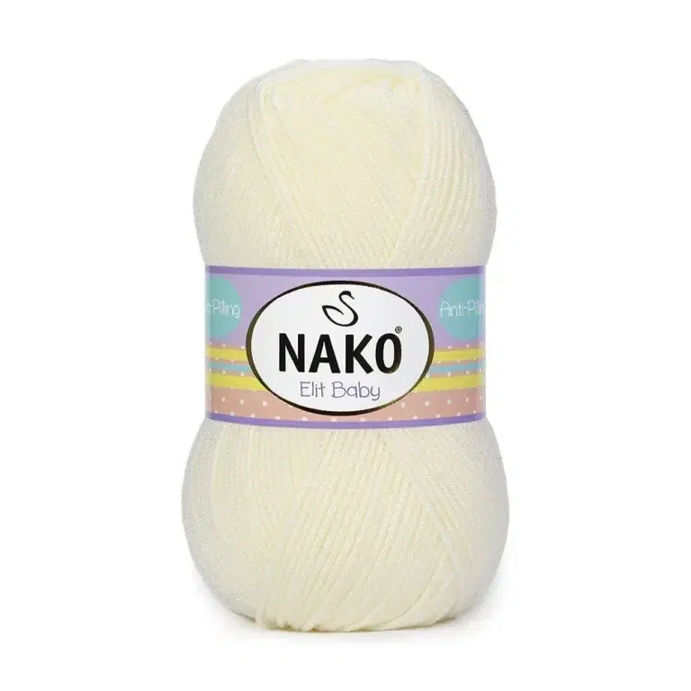Nako Elit Baby: %100 Premium Anti Pill Akrilik içeriğiyle tüylenme yapmayan, yumuşak ve dayanıklı bir ipliktir. Bebekler ve alerjik ciltler için güvenle tercih edilebilir. 100 gr, 250 m uzunluğunda olup 3.5-4 mm şiş ve 2 mm tığ ile idealdir.